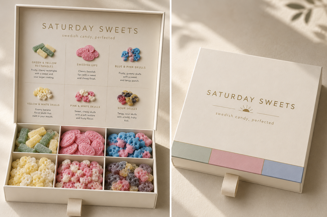 A Saturday Sweets bento box: open with six labeled candy compartments alongside the closed cream box